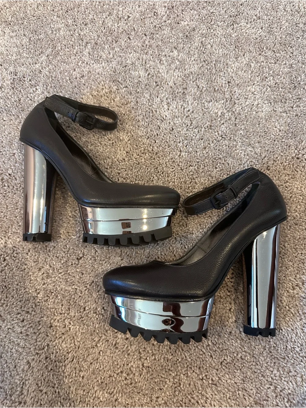 Calvin Klein Black Mary Jane Platforms with Metallic Silver Accents